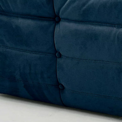 close up modular chair dupe Togo silhouette designed by michael ducaroy for ligne roset – custom-made dark blue velvet seating for modern interiors