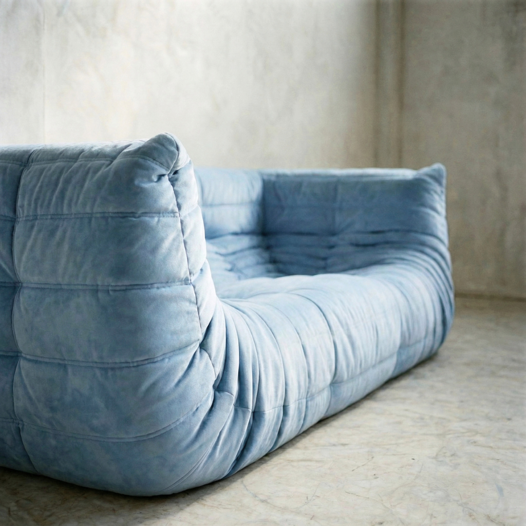 Togo Bankreplica in blauw met armleuningen in een minimalistische kamer met een neutraal kleurenpalet.