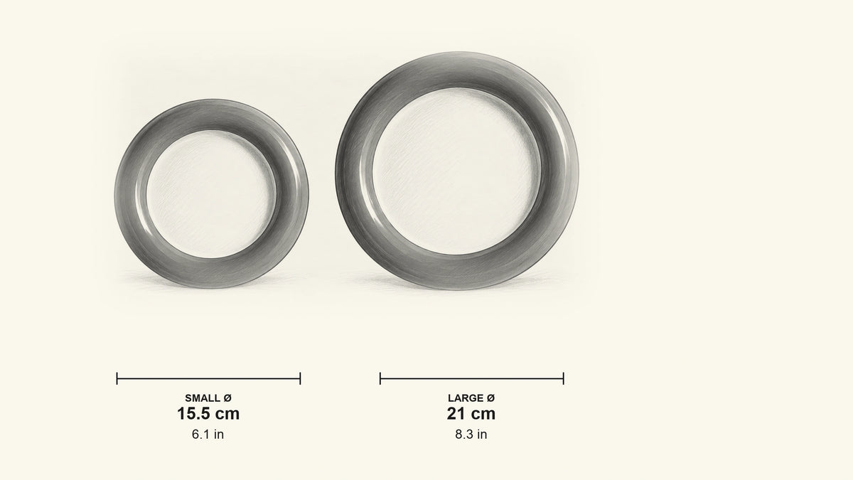 
Pencil dimension sketch of Two-Tone Chunky Ceramic Plate with measurements in centimetres and inches