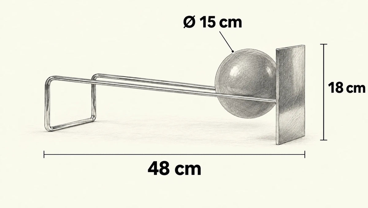 
Monochrome dimension drawing of the Vibehaus Globe Bookend: 48 cm long, 18 cm high, with a 15 cm diameter sphere.