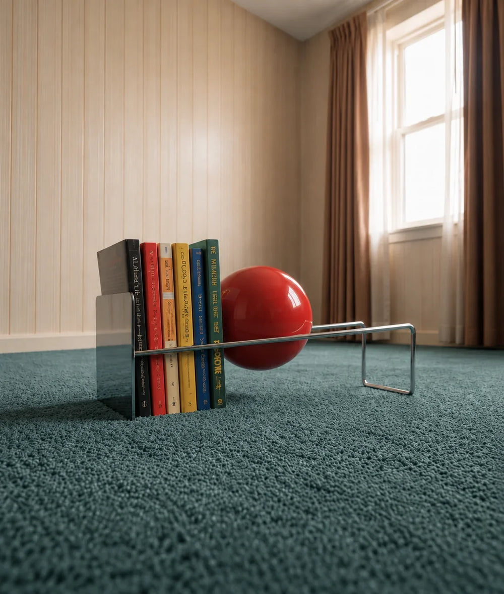 Red globe bookend holding books on a low metal shelf.