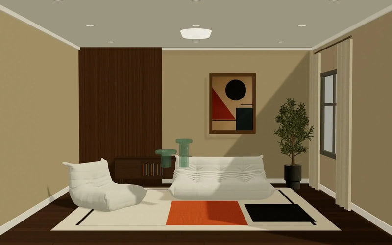 Room design preview with lounge chairs, a coffee table and geometric wall art.