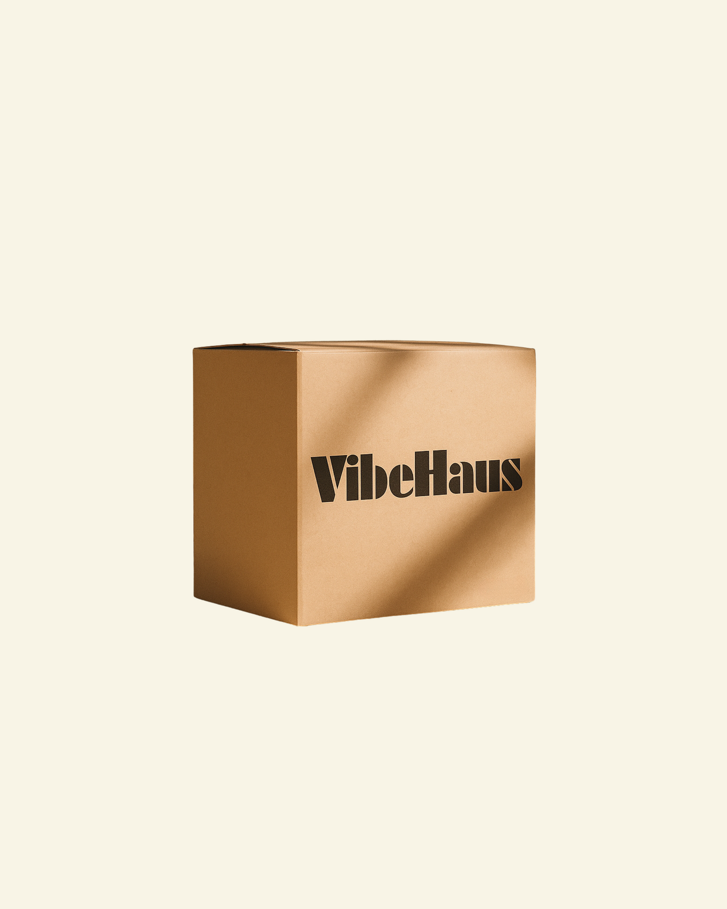Gold cube with 'VibeHaus' branding on a beige background
