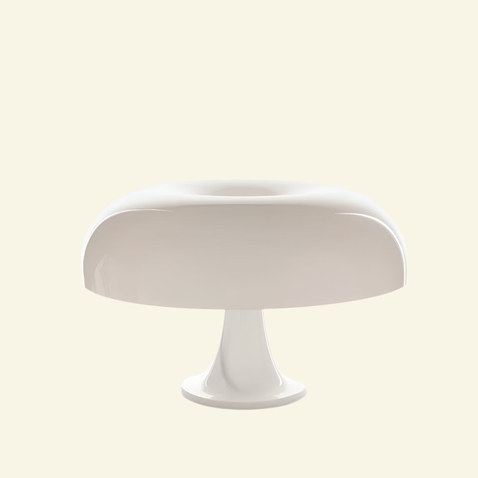 White mushroom-shaped lamp on a beige background