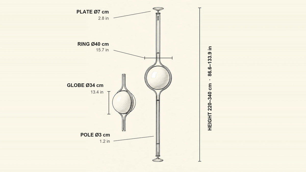 
Zuru floor to ceiling globe lamp dimension sketch showing adjustable 220–340 cm ceiling height, 40 cm ring, 34 cm globe, 7 cm ceiling plate och 3 cm pole, with inches