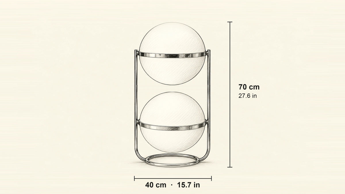 
Zuru Low Double Globe Floor Lamp sketch with visible space between the two globes, 70 cm (27.6 in) high and 40 cm (15.7 in) wide