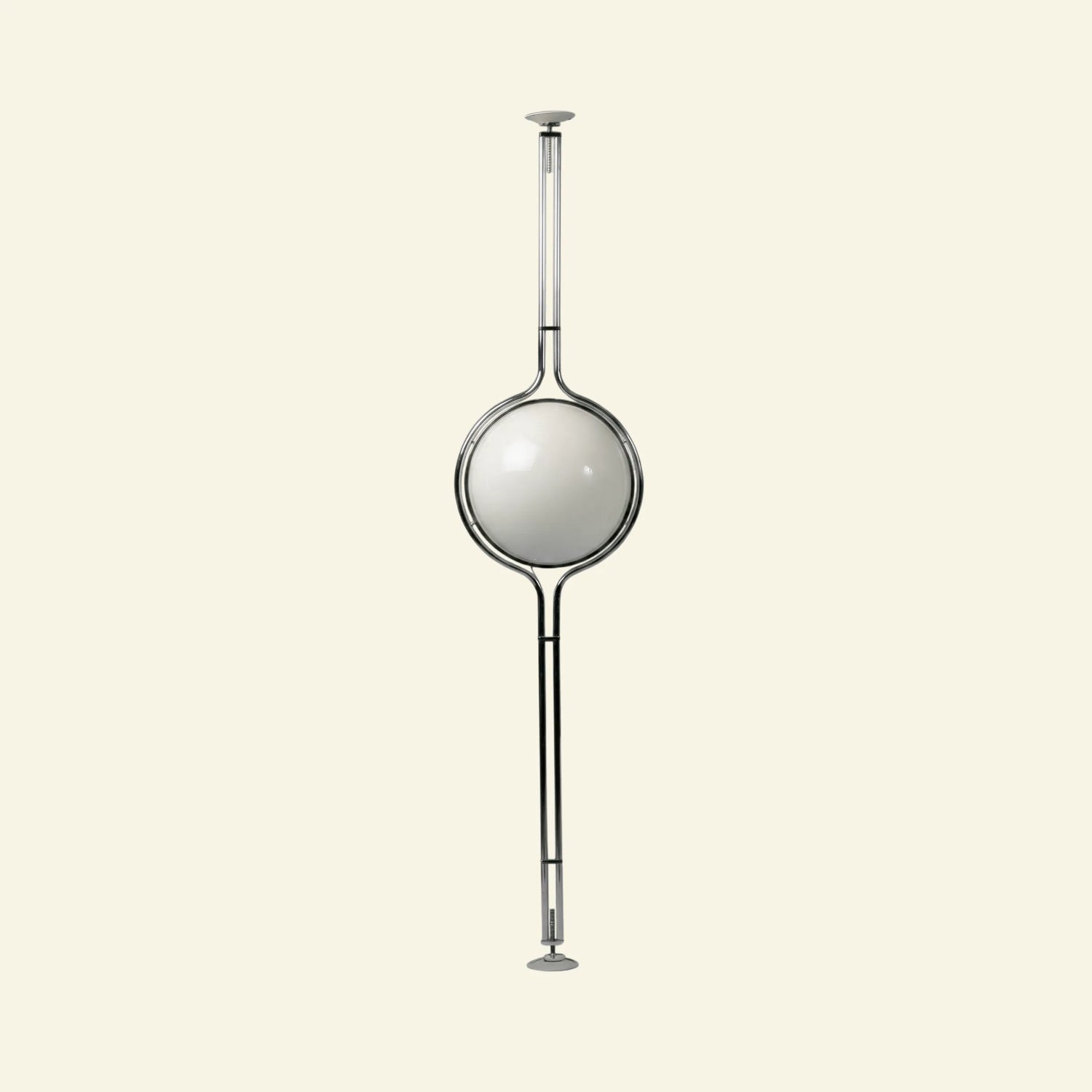 zuru floor to ceiling lamp full-length view with chrome tension pole and frosted globe on cream studio background